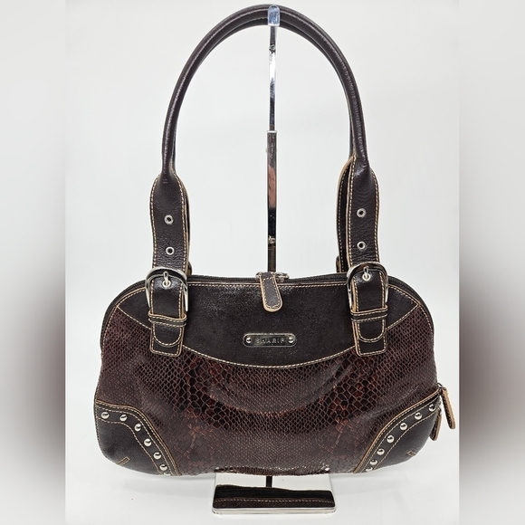 VTG SHARIF Brown Leather Python Pattern Studded Expandable Shoulder Bag Purse - Picture 1 of 11